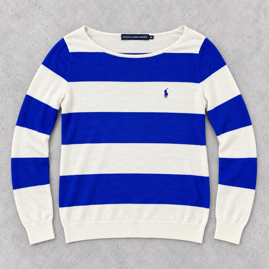 Ralph Lauren Sport Boat Neck Jumper Women's Small Blue White Striped Knit