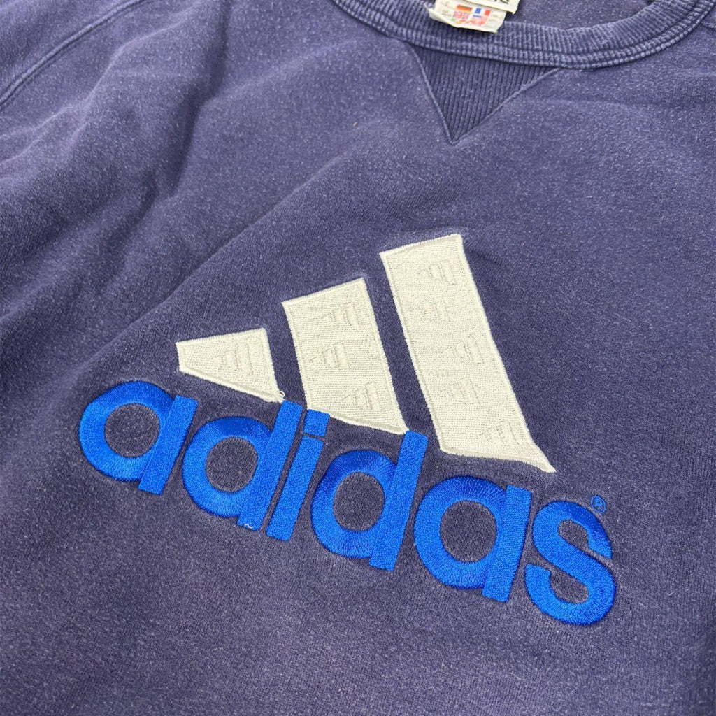 Vintage 90s Adidas Jumper Size XL Navy Large Front Graphic Faded Sweatshirt