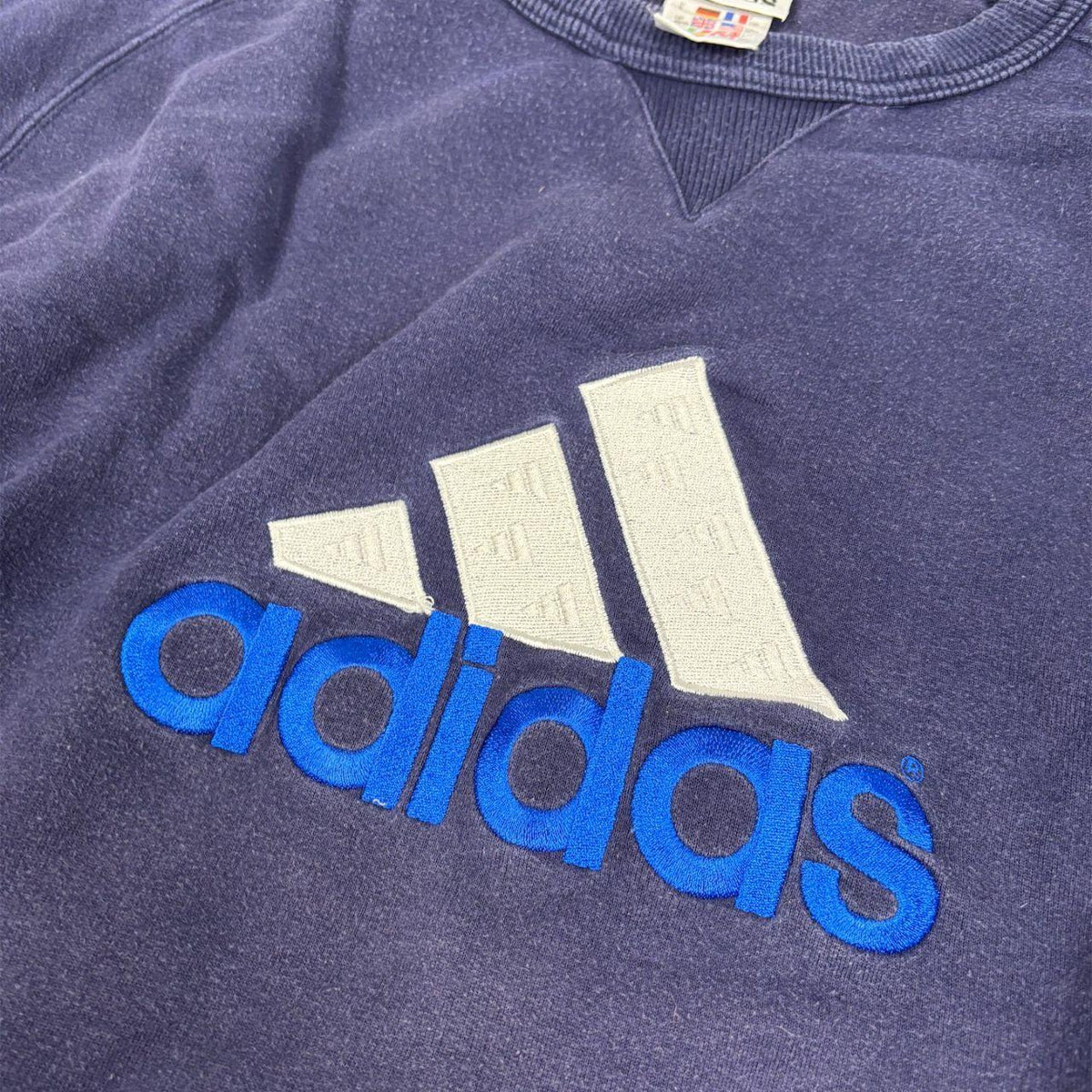 Vintage 90s Adidas Jumper Size XL Navy Large Front Graphic Faded Sweatshirt