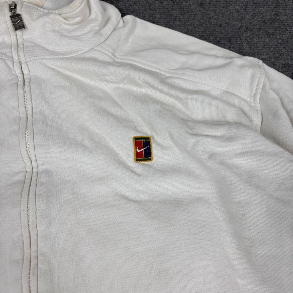 Vintage 90s Nike Court Jumper Size XL White Large Back Logo Black Swoosh Full Zip Sweatshirt