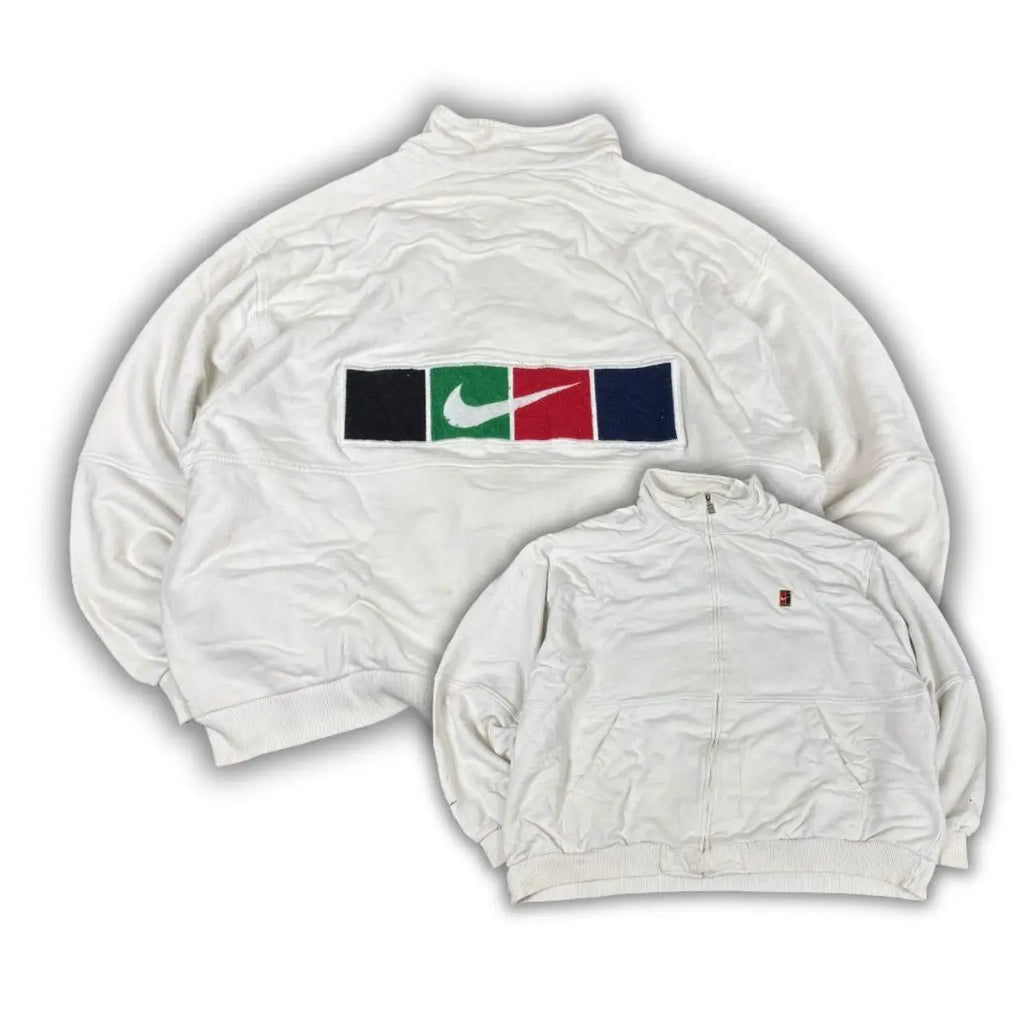 Vintage 90s Nike Court Jumper Size XL White Large Back Logo Black Swoosh Full Zip Sweatshirt