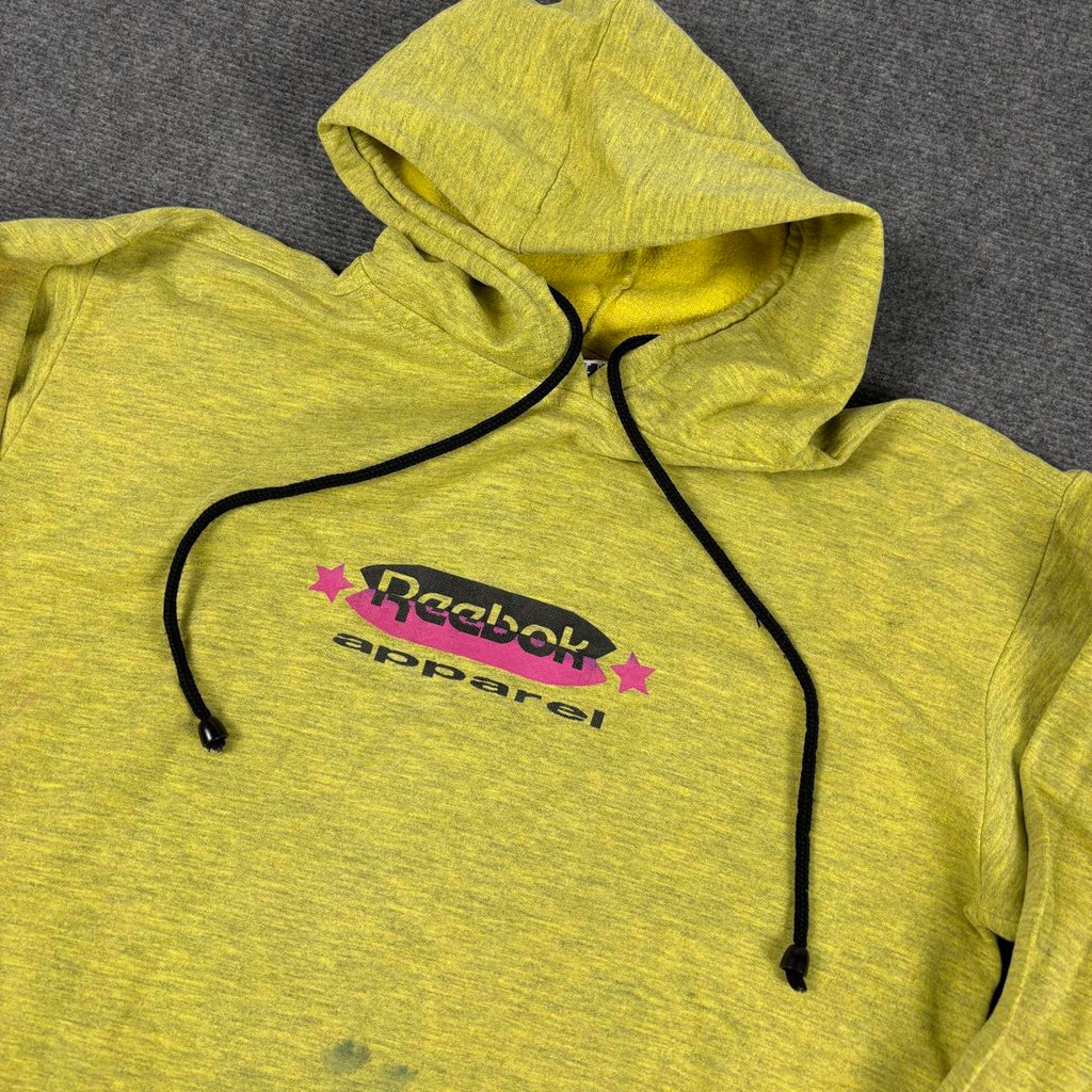 Vintage 80s Reebok Hoodie Men's Large Yellow Retro Logo Spell Out 3/4 Sleeve