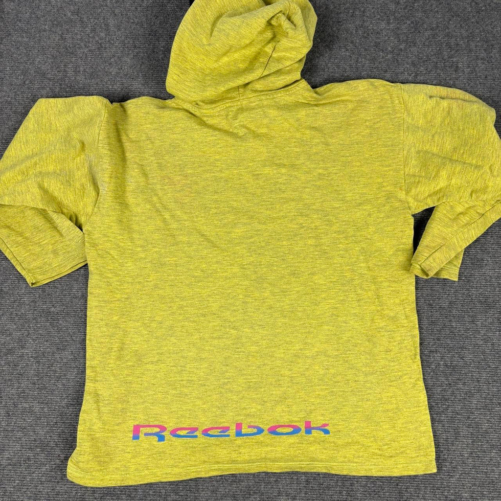 Vintage 80s Reebok Hoodie Men's Large Yellow Retro Logo Spell Out 3/4 Sleeve