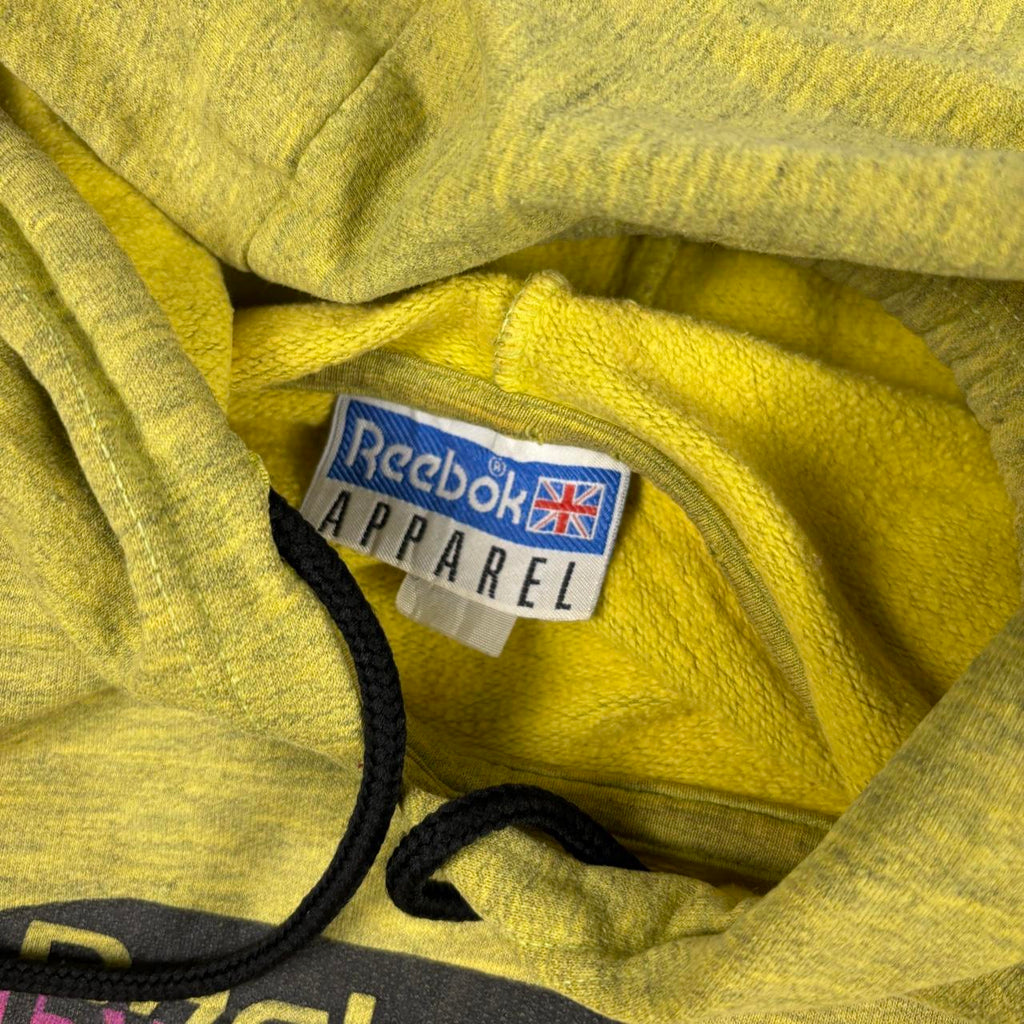 Vintage 80s Reebok Hoodie Men's Large Yellow Retro Logo Spell Out 3/4 Sleeve