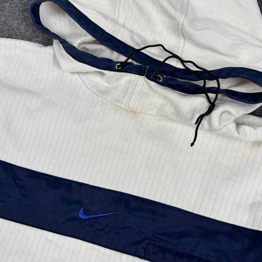 Vintage 90s Nike Hoodie Men's Large White Blue Centre Ripped Mini Swoosh Jumper