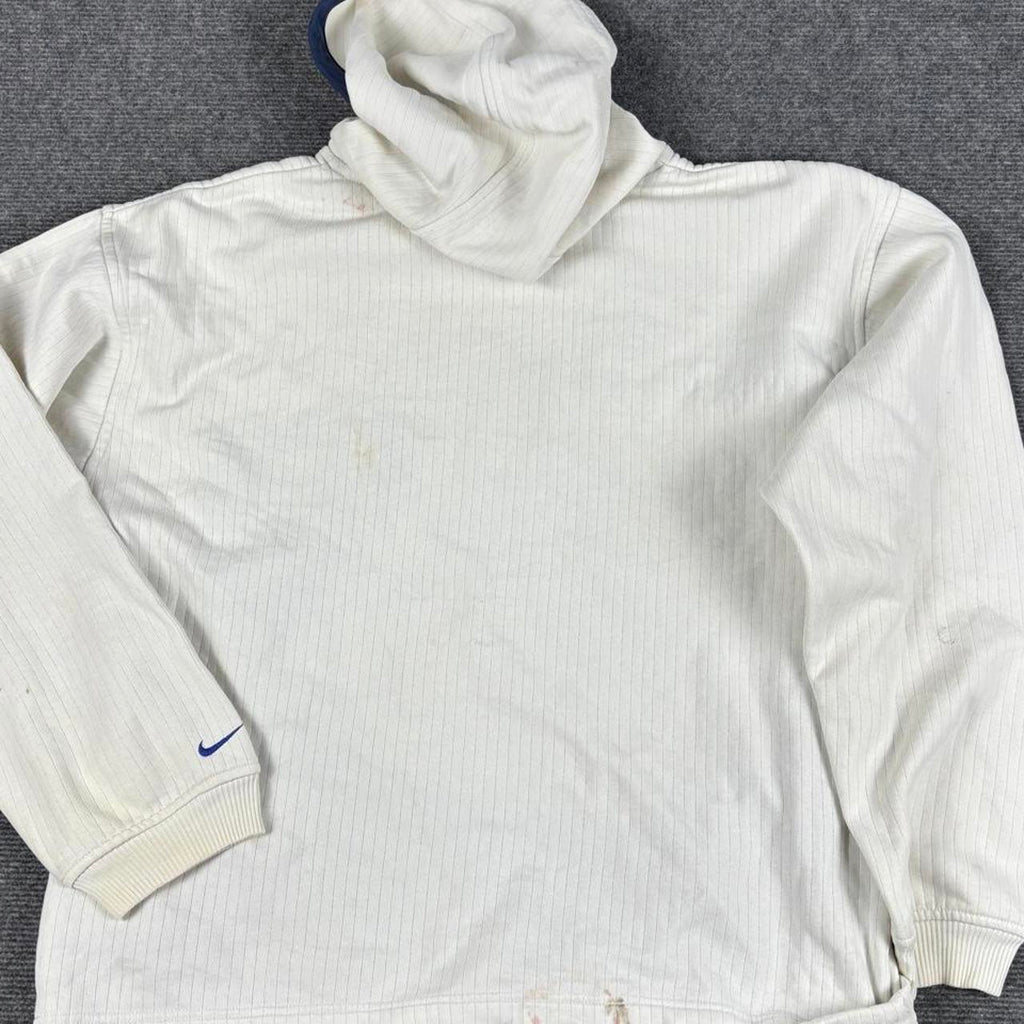 Vintage 90s Nike Hoodie Men's Large White Blue Centre Ripped Mini Swoosh Jumper