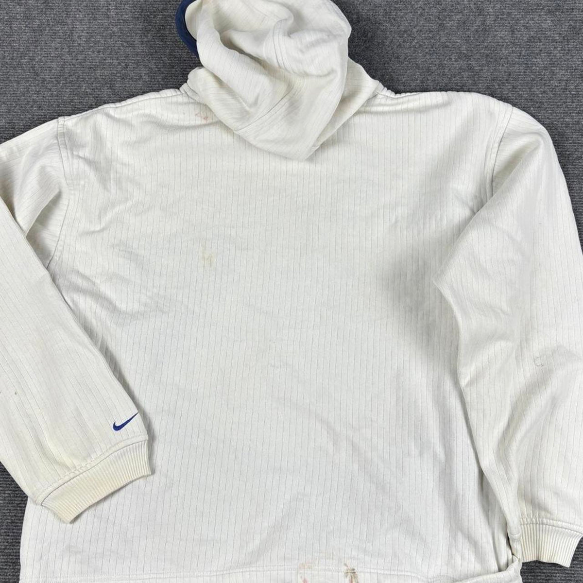 Vintage 90s Nike Hoodie Men's Large White Blue Centre Ripped Mini Swoosh Jumper