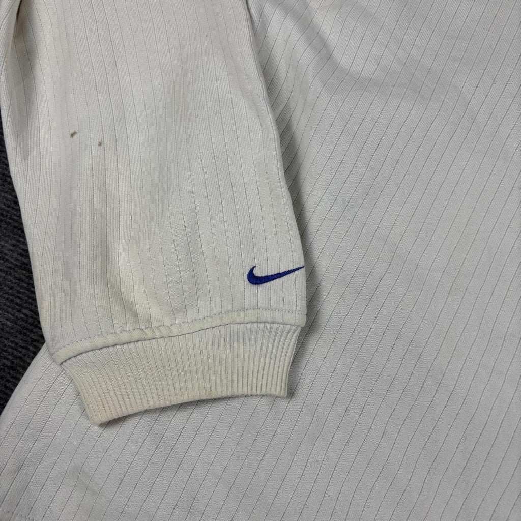 Vintage 90s Nike Hoodie Men's Large White Blue Centre Ripped Mini Swoosh Jumper
