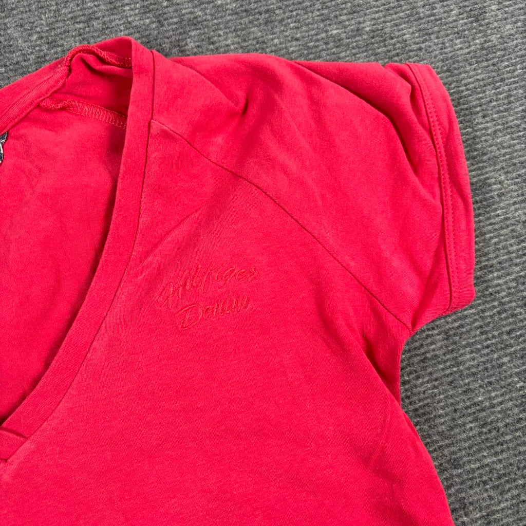 y2k Hilfiger Denim V-neck Top Women's Small Red Stretch T-shirt