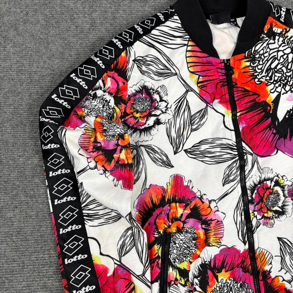 Lotto Floral Bomber Jacket Women's Medium Orange Red Arm Tape Full Zip