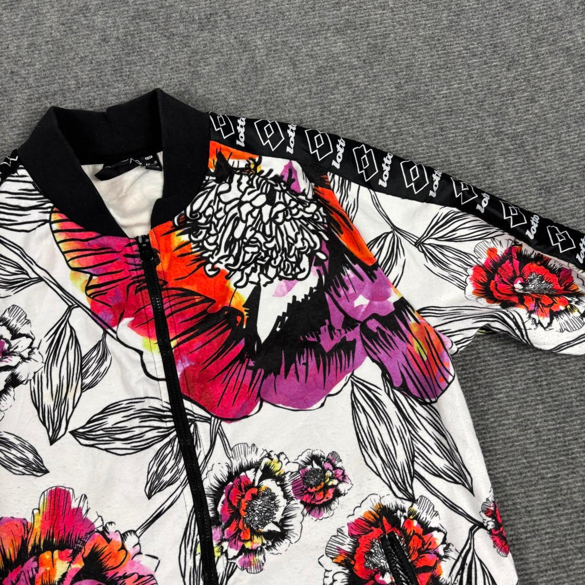 Lotto Floral Bomber Jacket Women's Medium Orange Red Arm Tape Full Zip