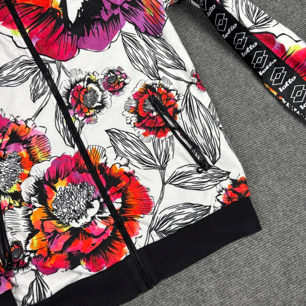 Lotto Floral Bomber Jacket Women's Medium Orange Red Arm Tape Full Zip