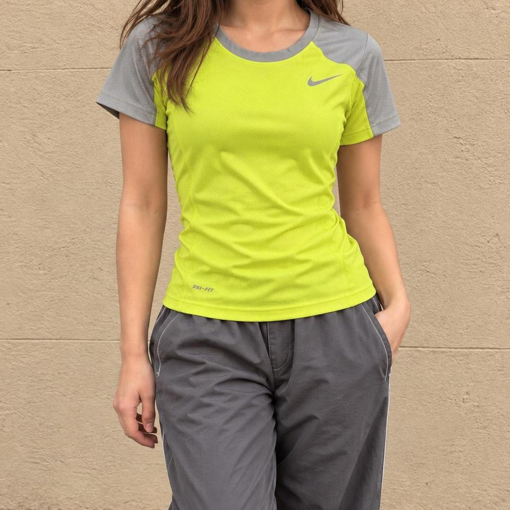 Nike Dri-Fit Mesh Activewear Top Women's XS Fluro Green Grey Japanese Stock