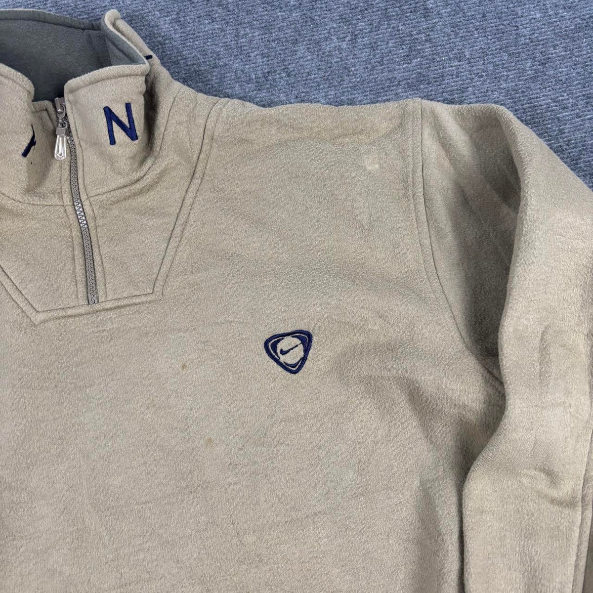 Vintage 90s Nike Football 1/4 Zip Jumper Men's Medium Beige Navy Fleece