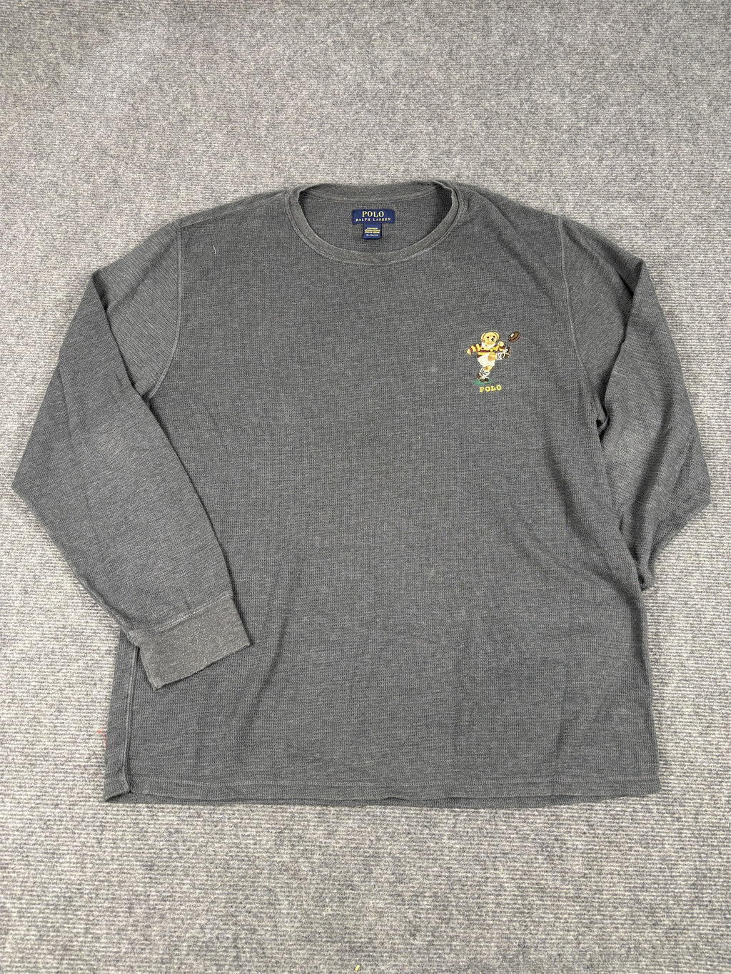 Classic Ralph Lauren T-shirt Men's XL Grey Rugby Bear Long Sleeve Knit Crew Neck