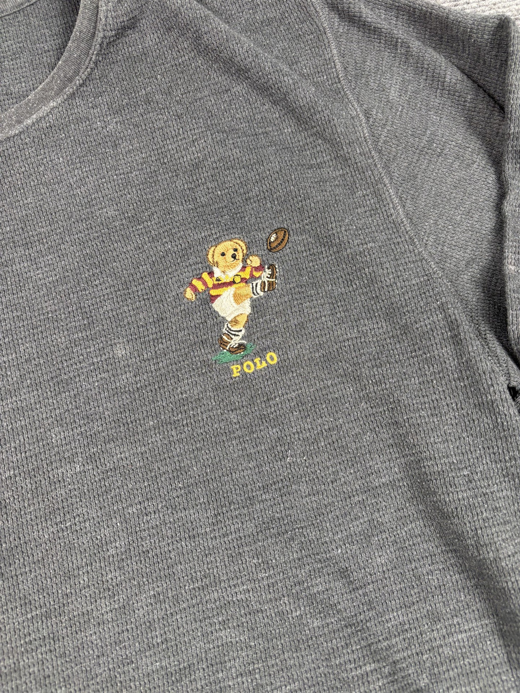 Classic Ralph Lauren T-shirt Men's XL Grey Rugby Bear Long Sleeve Knit Crew Neck