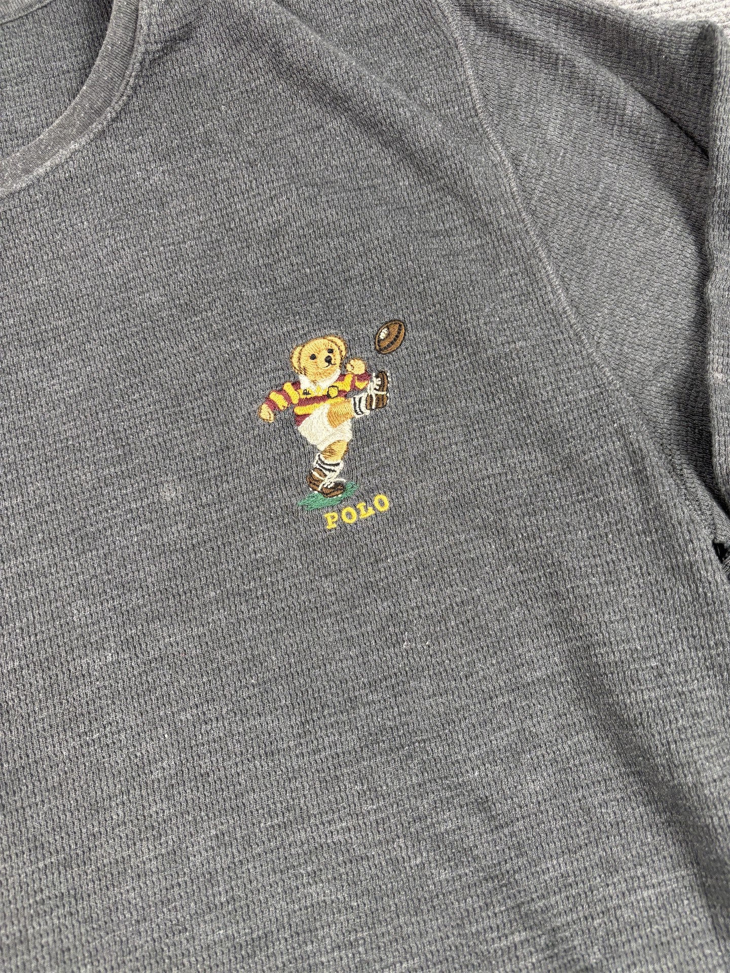 Classic Ralph Lauren T-shirt Men's XL Grey Rugby Bear Long Sleeve Knit Crew Neck