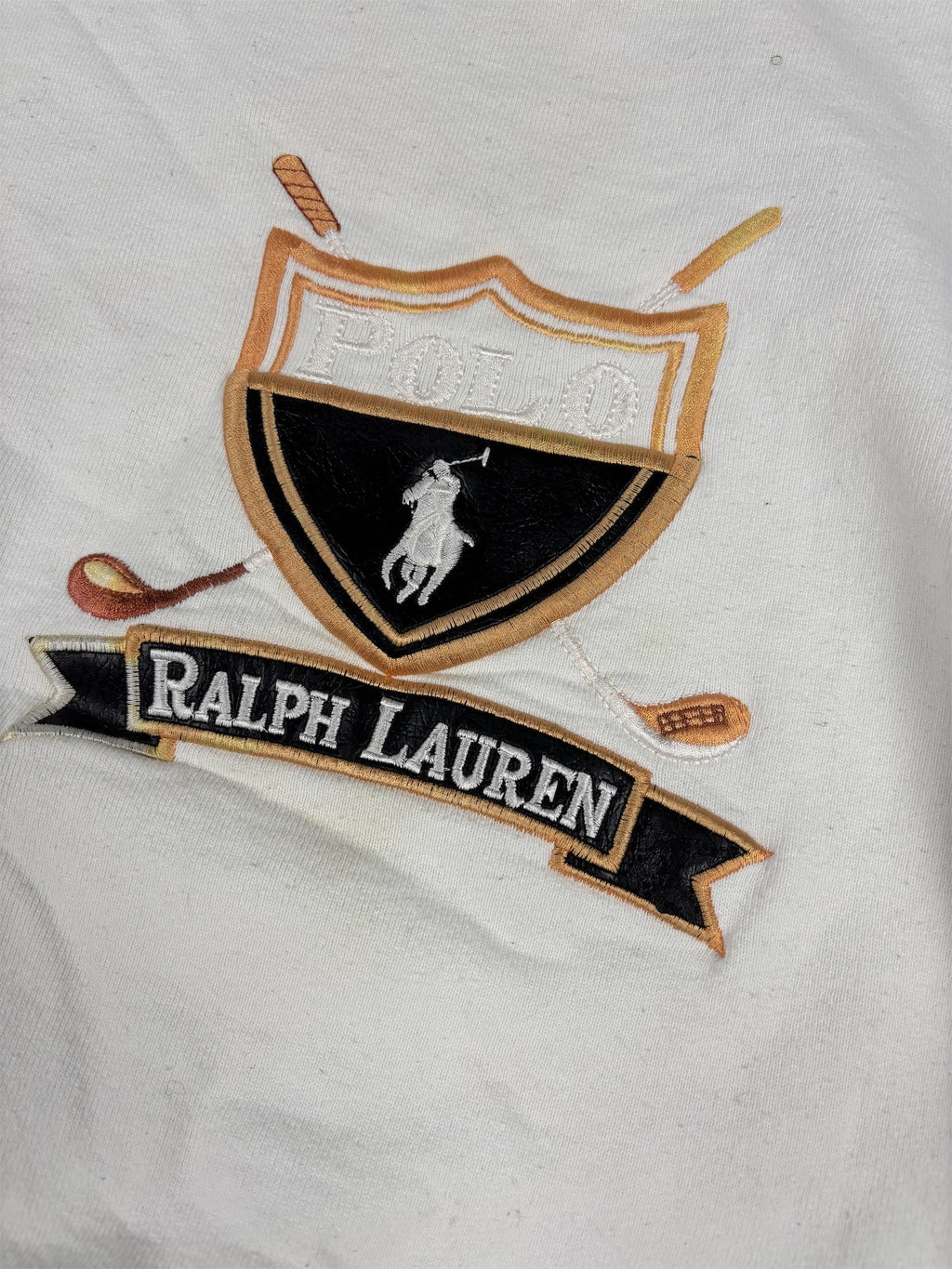 Vintage 90's Ralph Lauren Jumper Men's XXL White Golf Logo Leather Details Rare Crew Neck