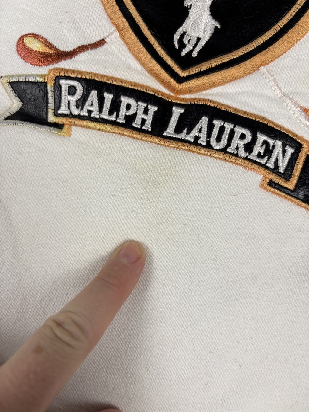 Vintage 90's Ralph Lauren Jumper Men's XXL White Golf Logo Leather Details Rare Crew Neck