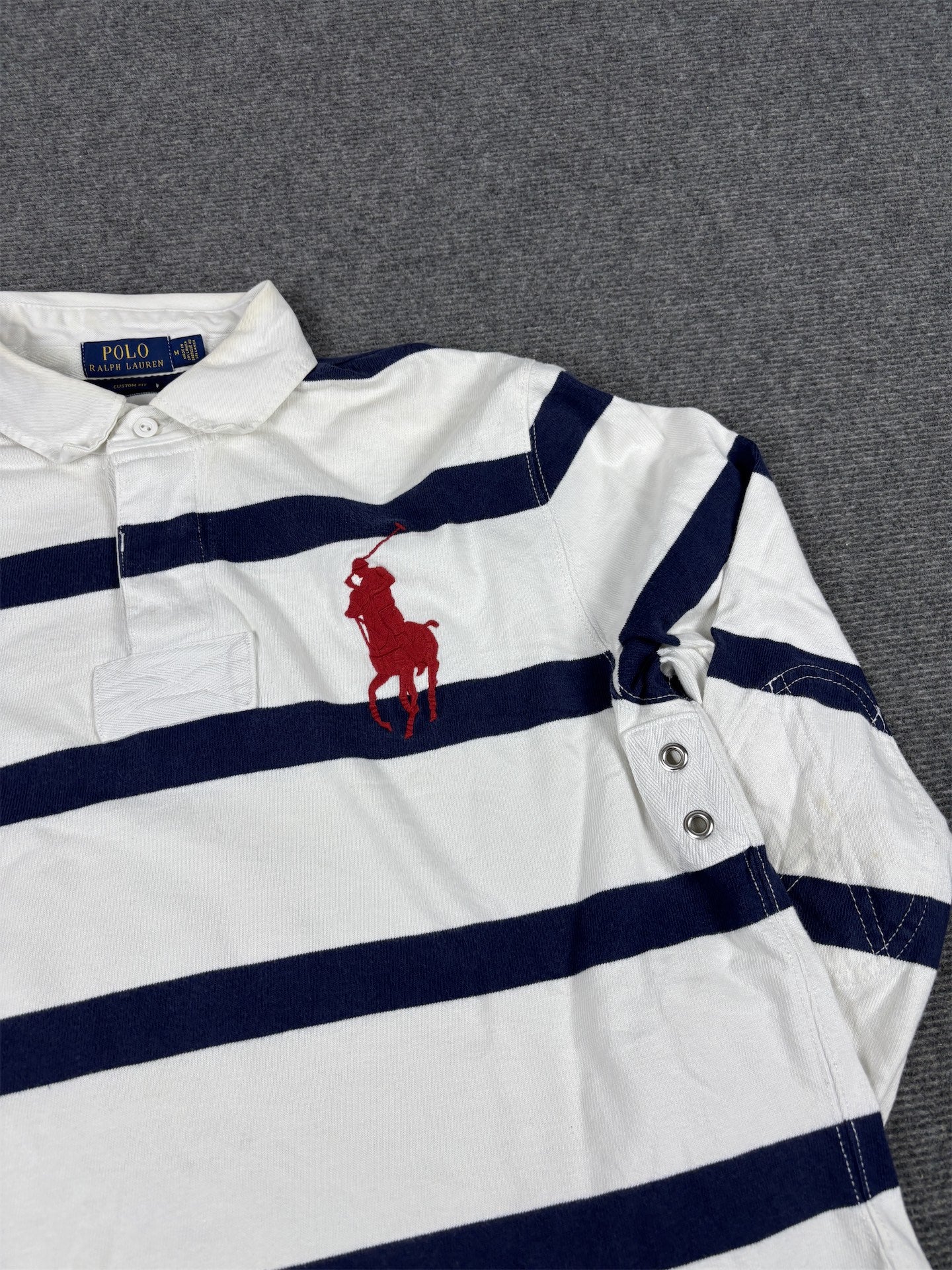 Ralph Lauren Rugby Polo Men's M White Blue Stripe Large Pony Red