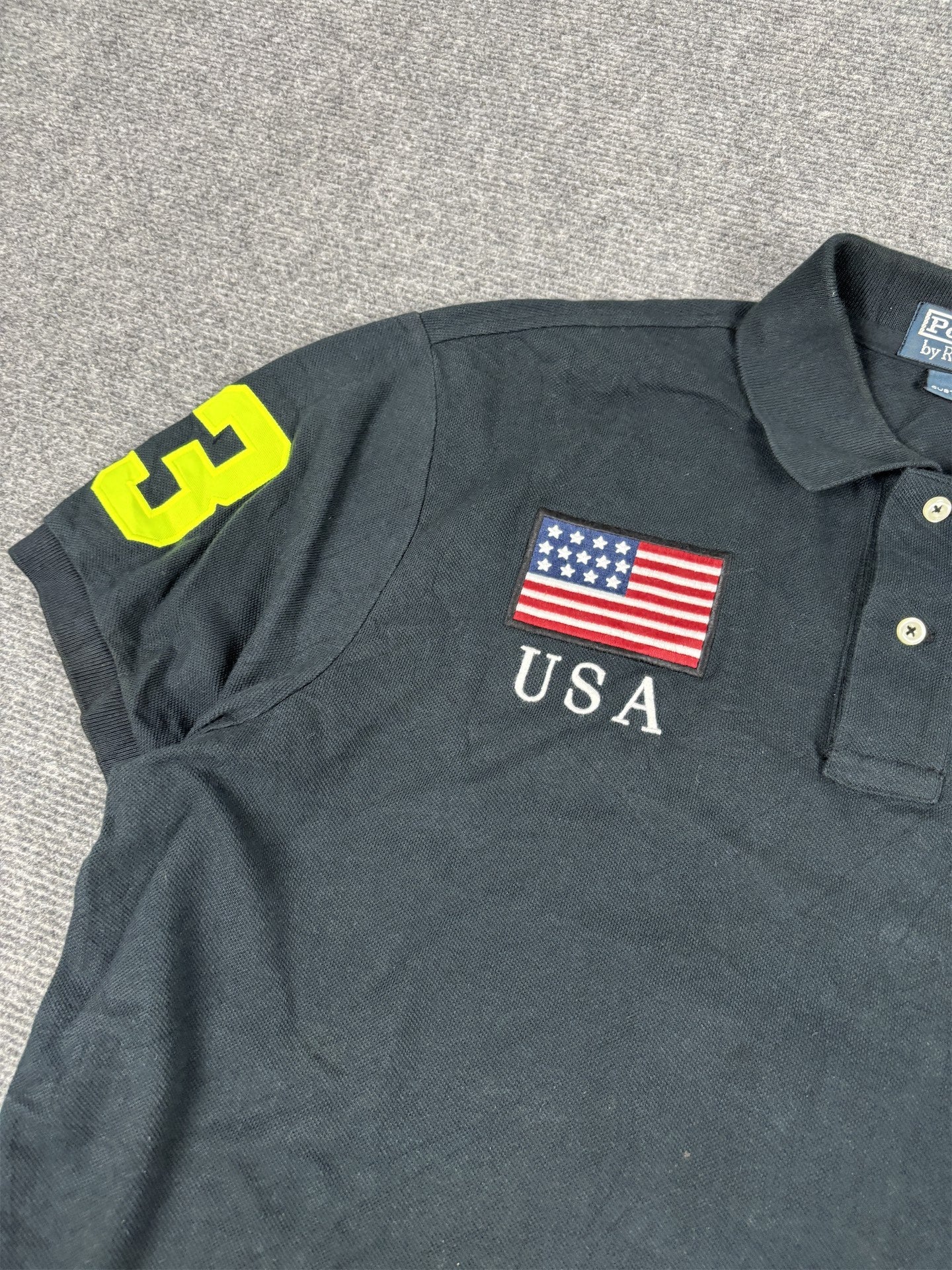 Vintage 90's Polo Ralph Lauren Polo Men's L Black Team USA Fluro Large Pony