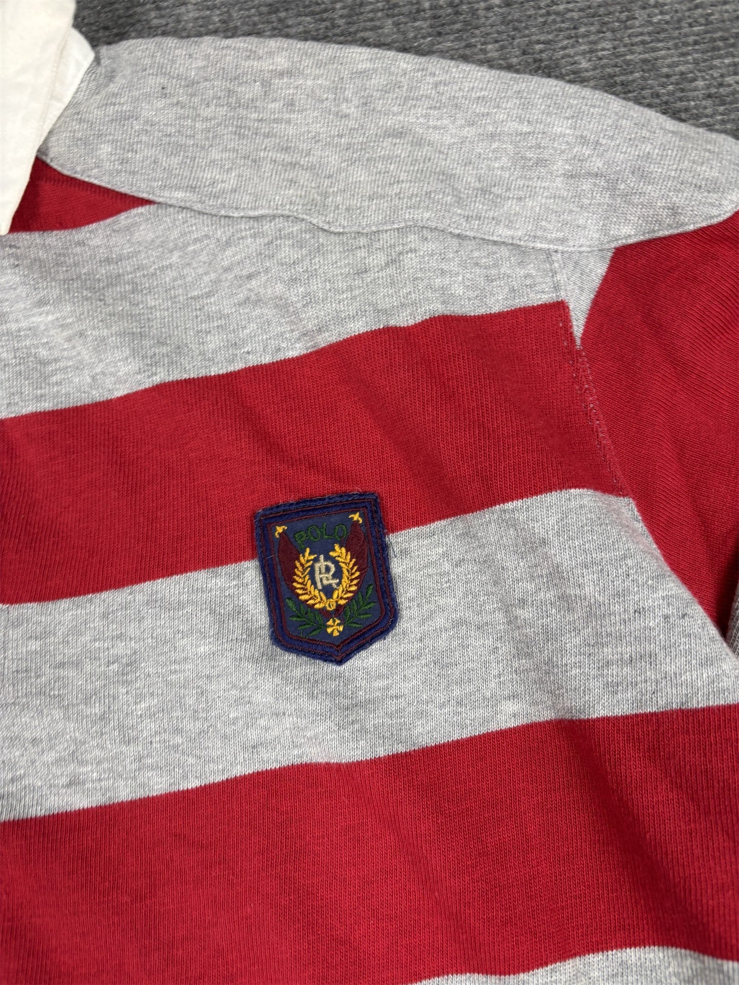 Vintage 90's Polo Ralph Lauren Rugby Polo Men's L Red Grey Striped Badge Logo