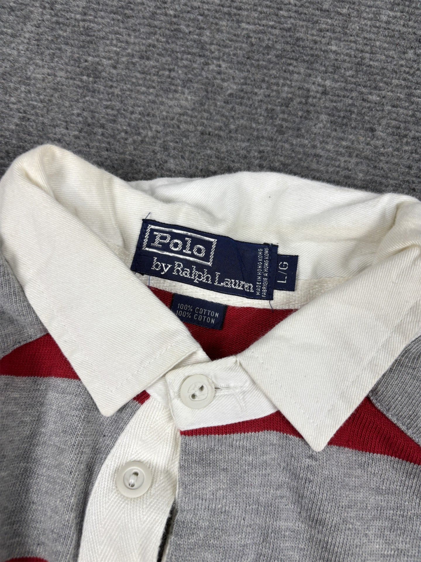 Vintage 90's Polo Ralph Lauren Rugby Polo Men's L Red Grey Striped Badge Logo