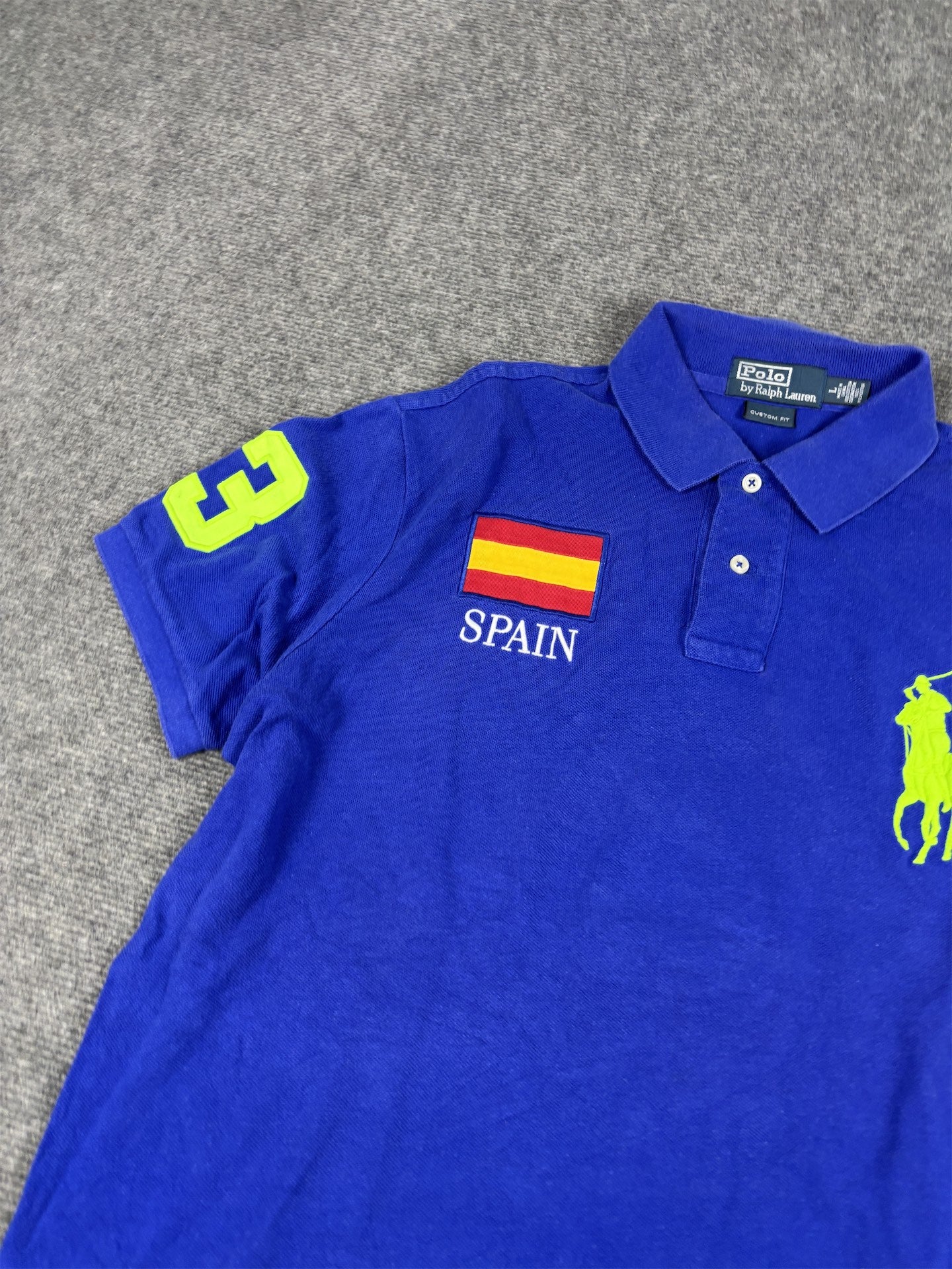 Vintage 90's Polo Ralph Lauren Polo Men's L Blue Team Spain Fluro Large Pony Collared