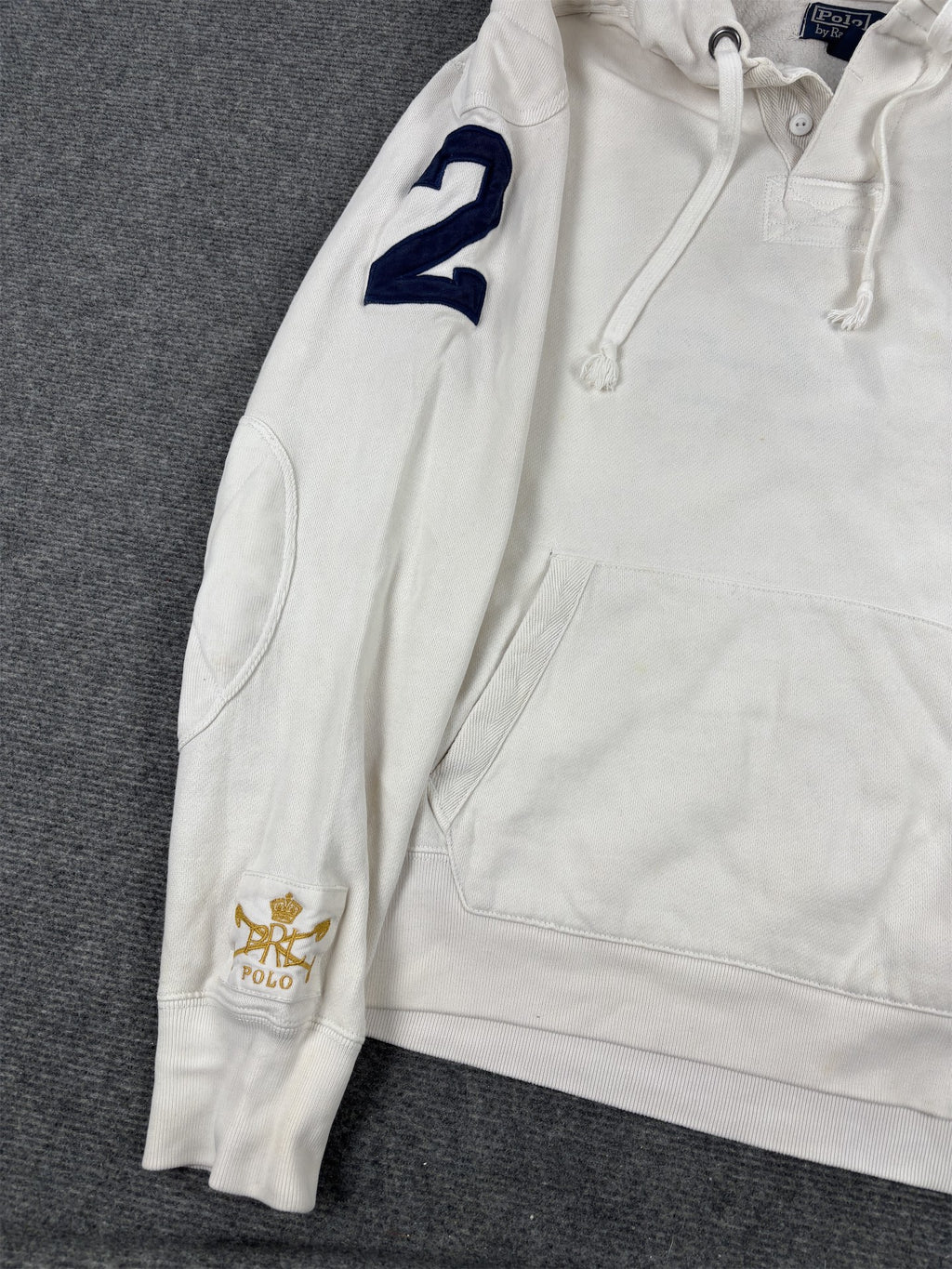 Vintage Men's 90's Ralph Lauren Rugby Hoodie M White Polo Badge Logo Jumper