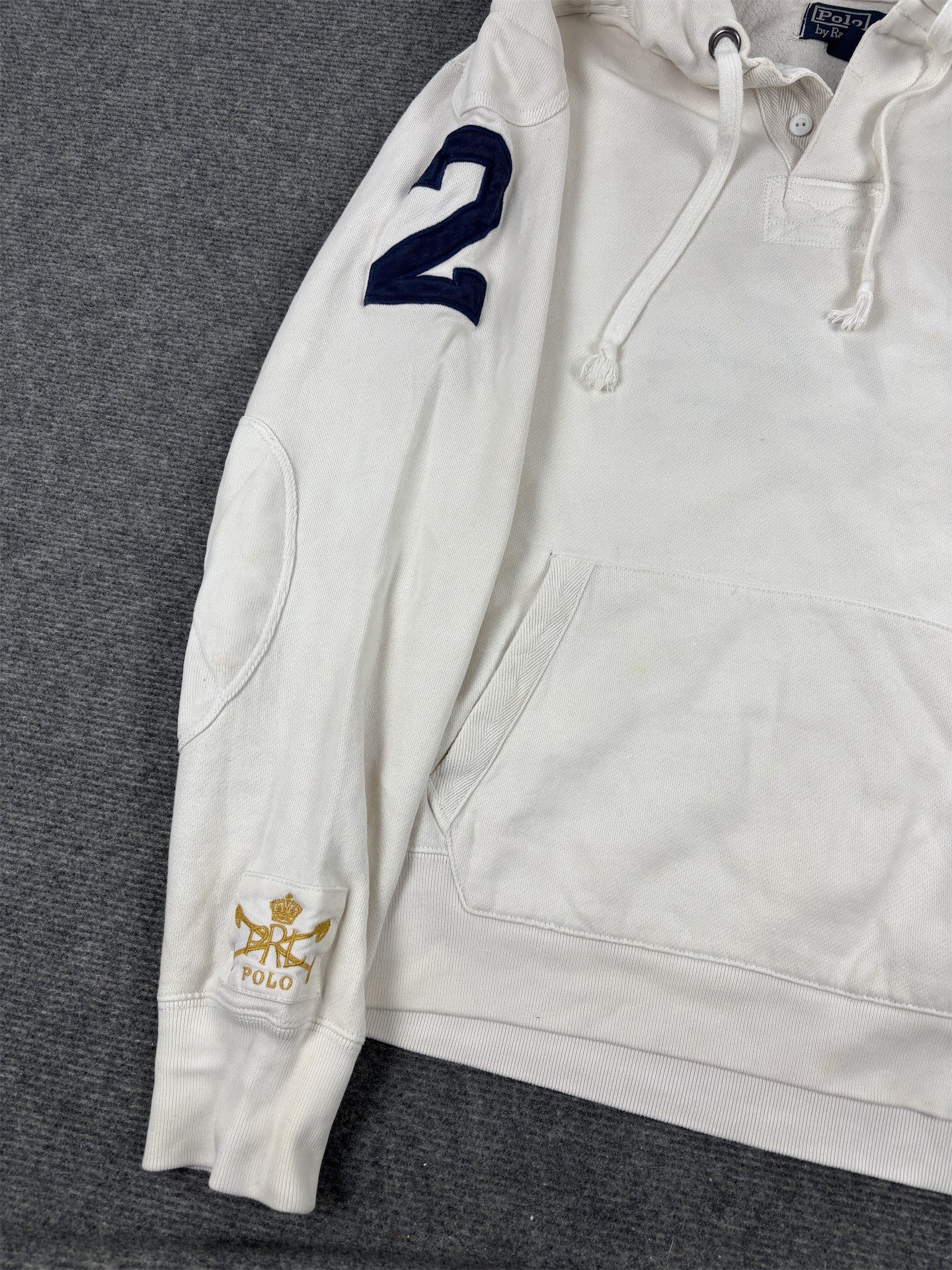 Vintage Men's 90's Ralph Lauren Rugby Hoodie M White Polo Badge Logo Jumper