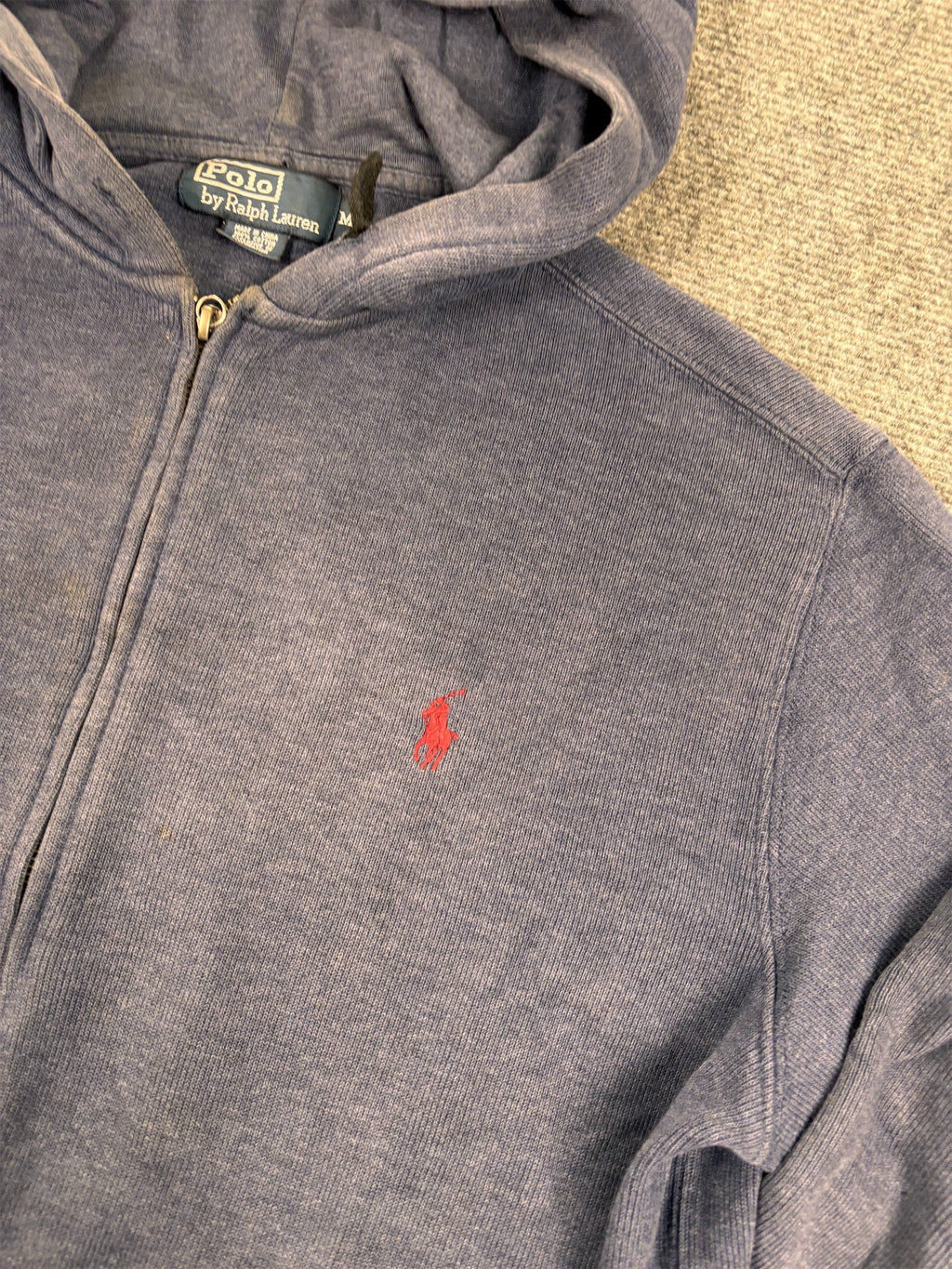 Vintage Men's 90's Ralph Lauren Hoodie M Navy Blue Red Small Pony Jumper