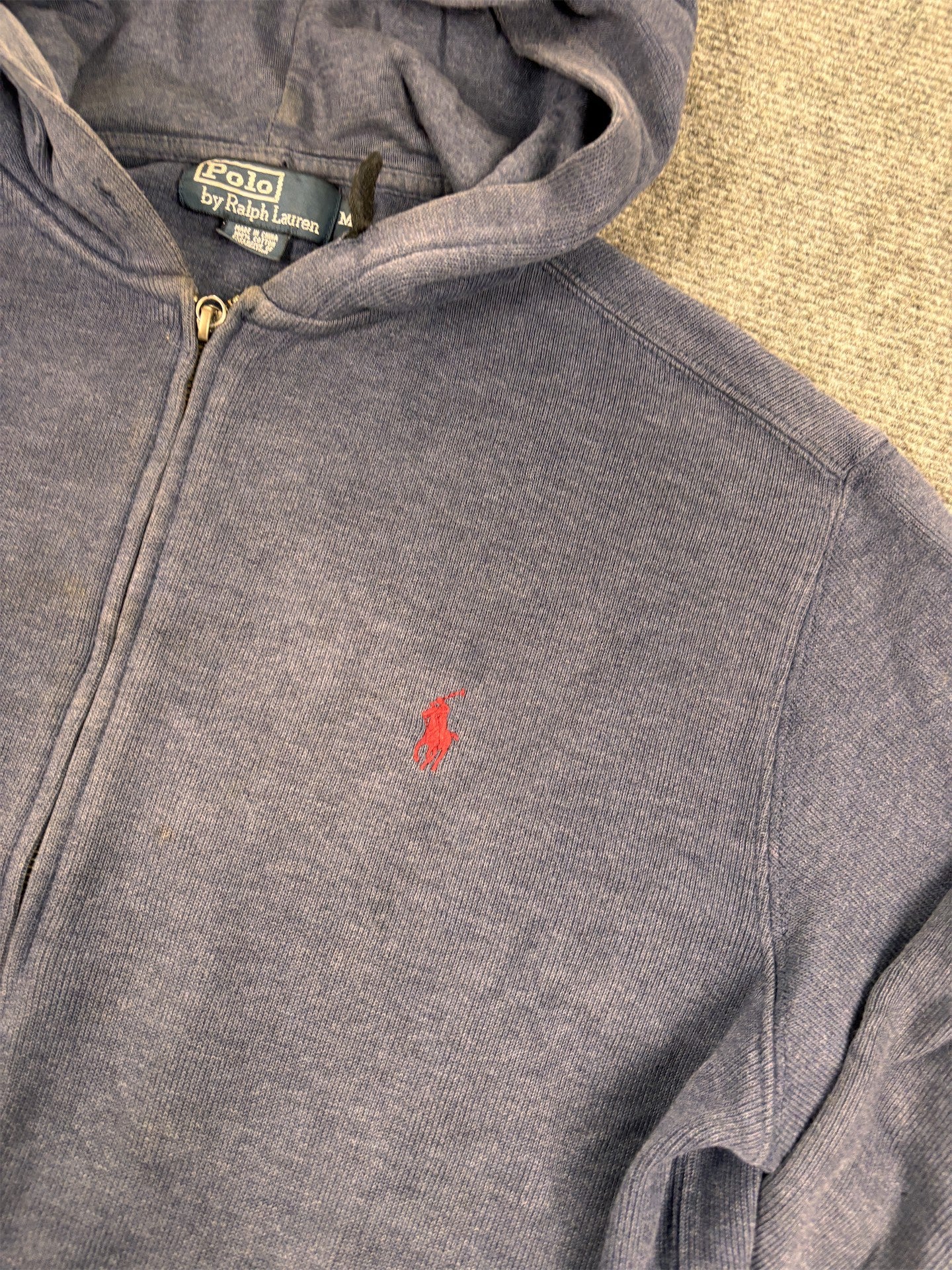 Vintage Men's 90's Ralph Lauren Hoodie M Navy Blue Red Small Pony Jumper
