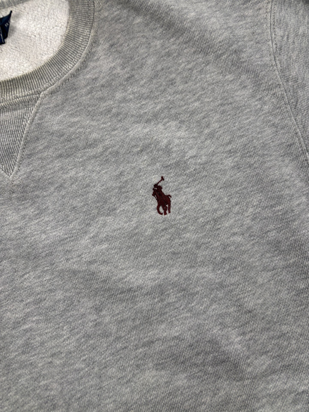 Vintage Men's 90's Ralph Lauren Jumper M Grey Red Small Pony Sweatshirt Crew Neck
