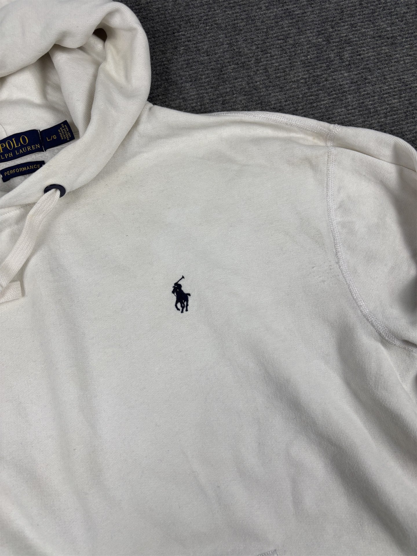Men's  Ralph Lauren Hoodie L White Navy Blue Small Pony Jumper