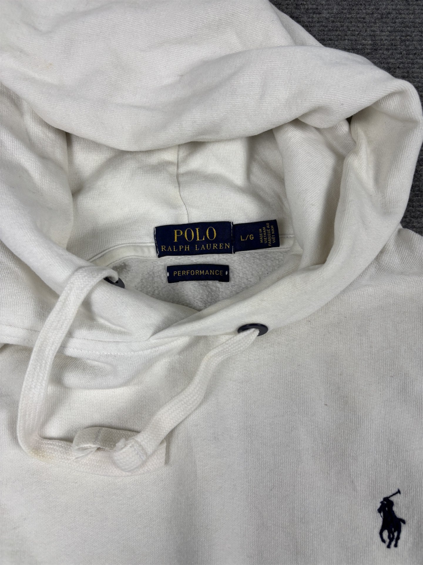 Men's  Ralph Lauren Hoodie L White Navy Blue Small Pony Jumper