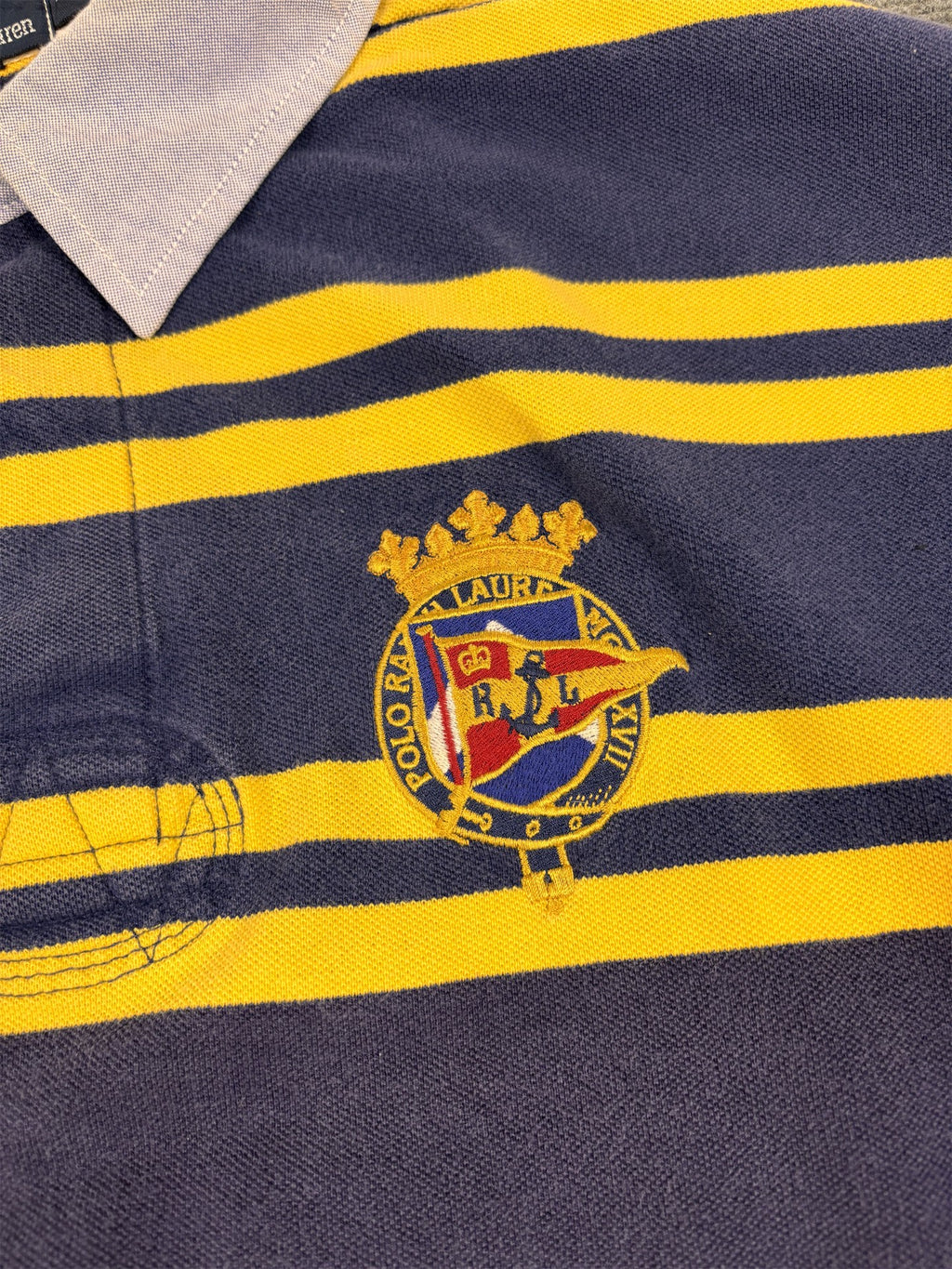 Vintage Men's 90's Ralph Lauren Polo XXL Blue Yellow Striped Badge Logo Shirt Collared