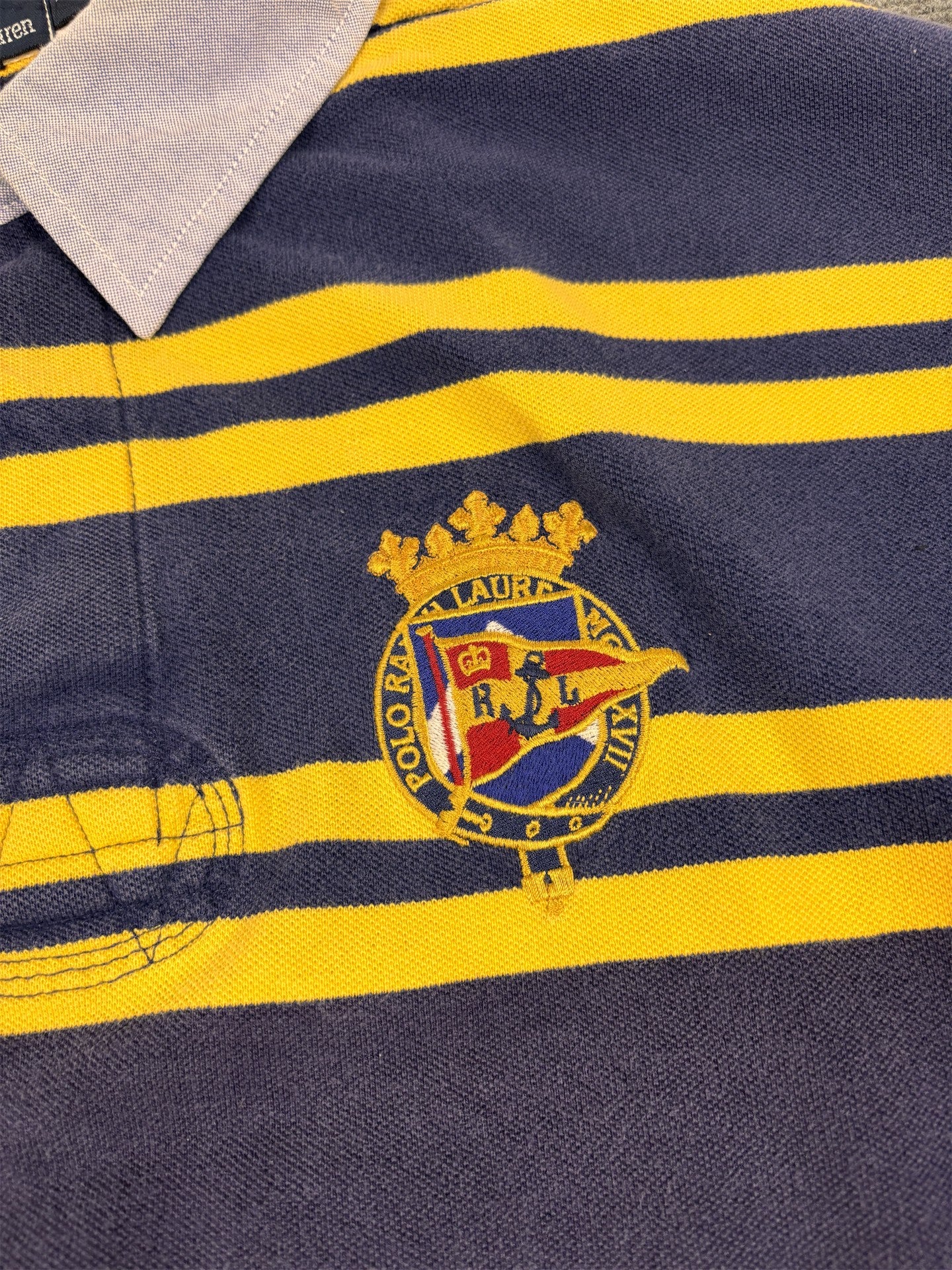 Vintage Men's 90's Ralph Lauren Polo XXL Blue Yellow Striped Badge Logo Shirt Collared