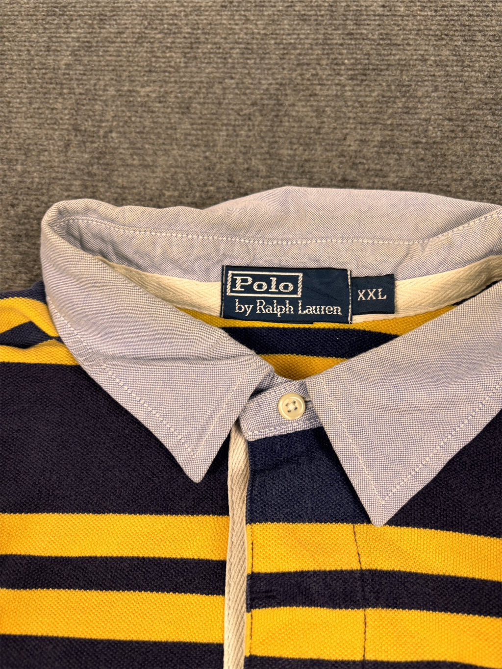 Vintage Men's 90's Ralph Lauren Polo XXL Blue Yellow Striped Badge Logo Shirt Collared