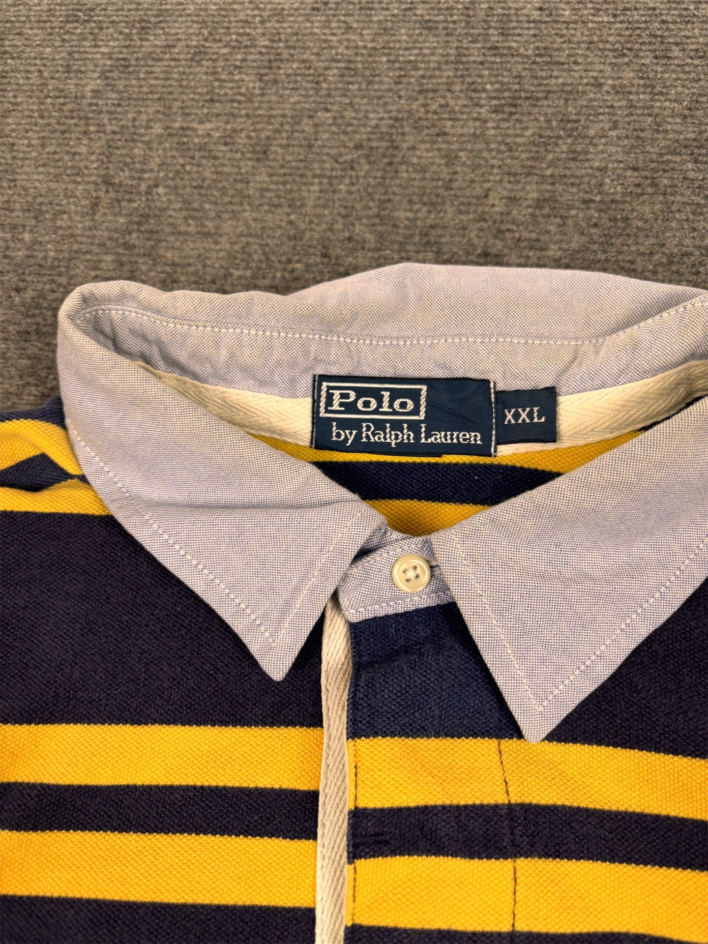 Vintage Men's 90's Ralph Lauren Polo XXL Blue Yellow Striped Badge Logo Shirt Collared