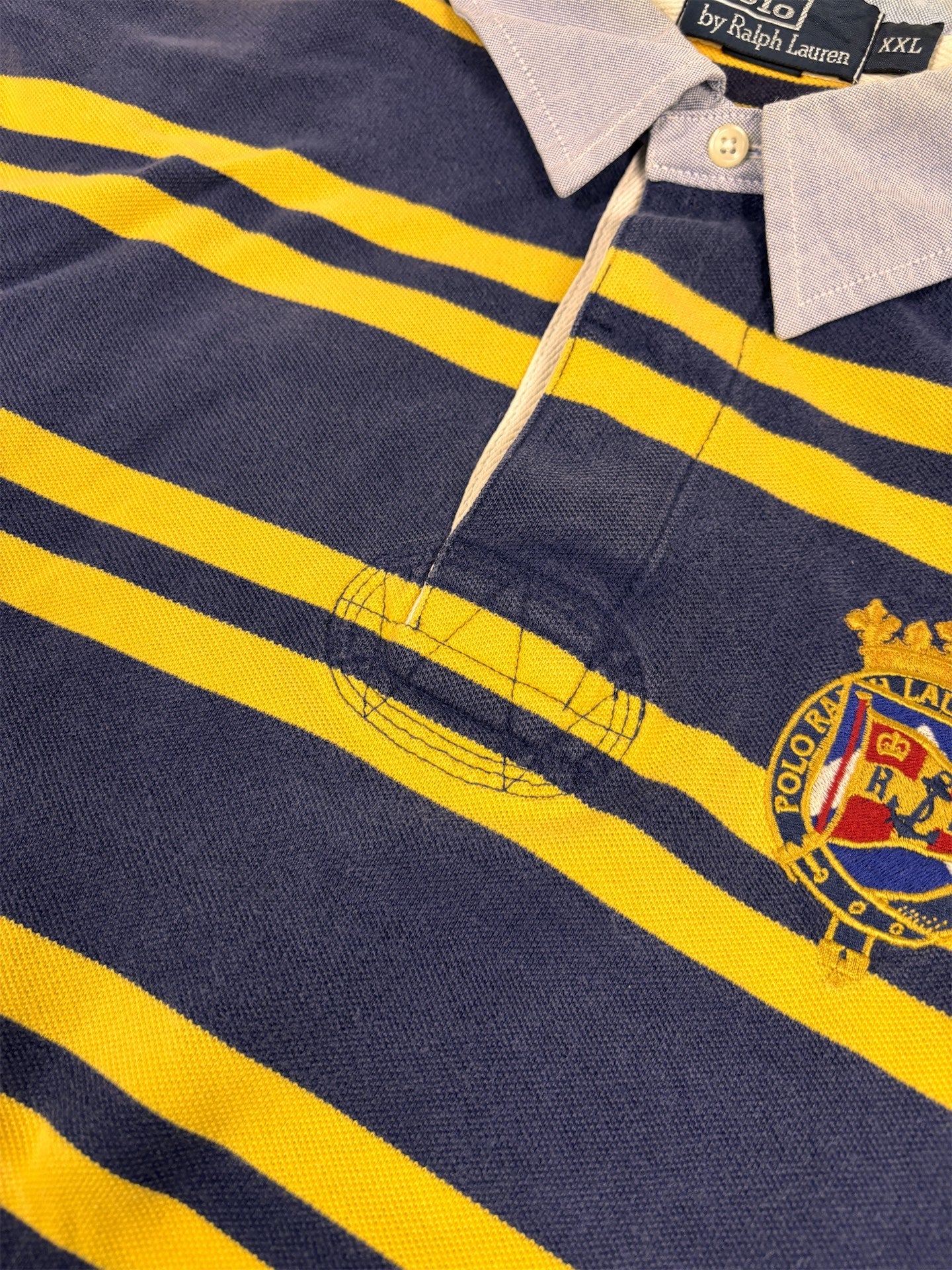 Vintage Men's 90's Ralph Lauren Polo XXL Blue Yellow Striped Badge Logo Shirt Collared