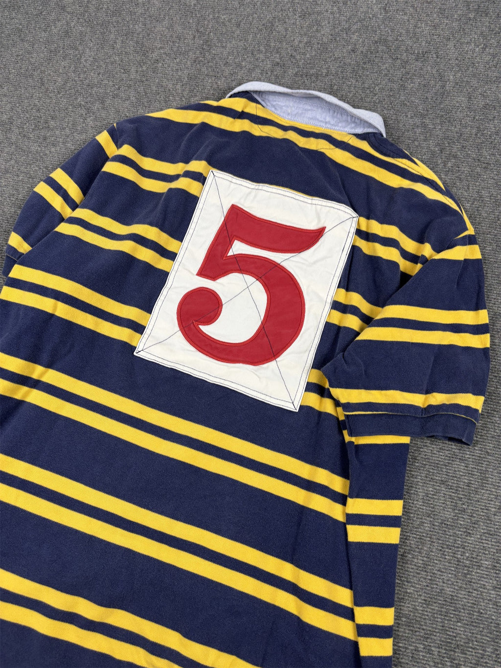 Vintage Men's 90's Ralph Lauren Polo XXL Blue Yellow Striped Badge Logo Shirt Collared
