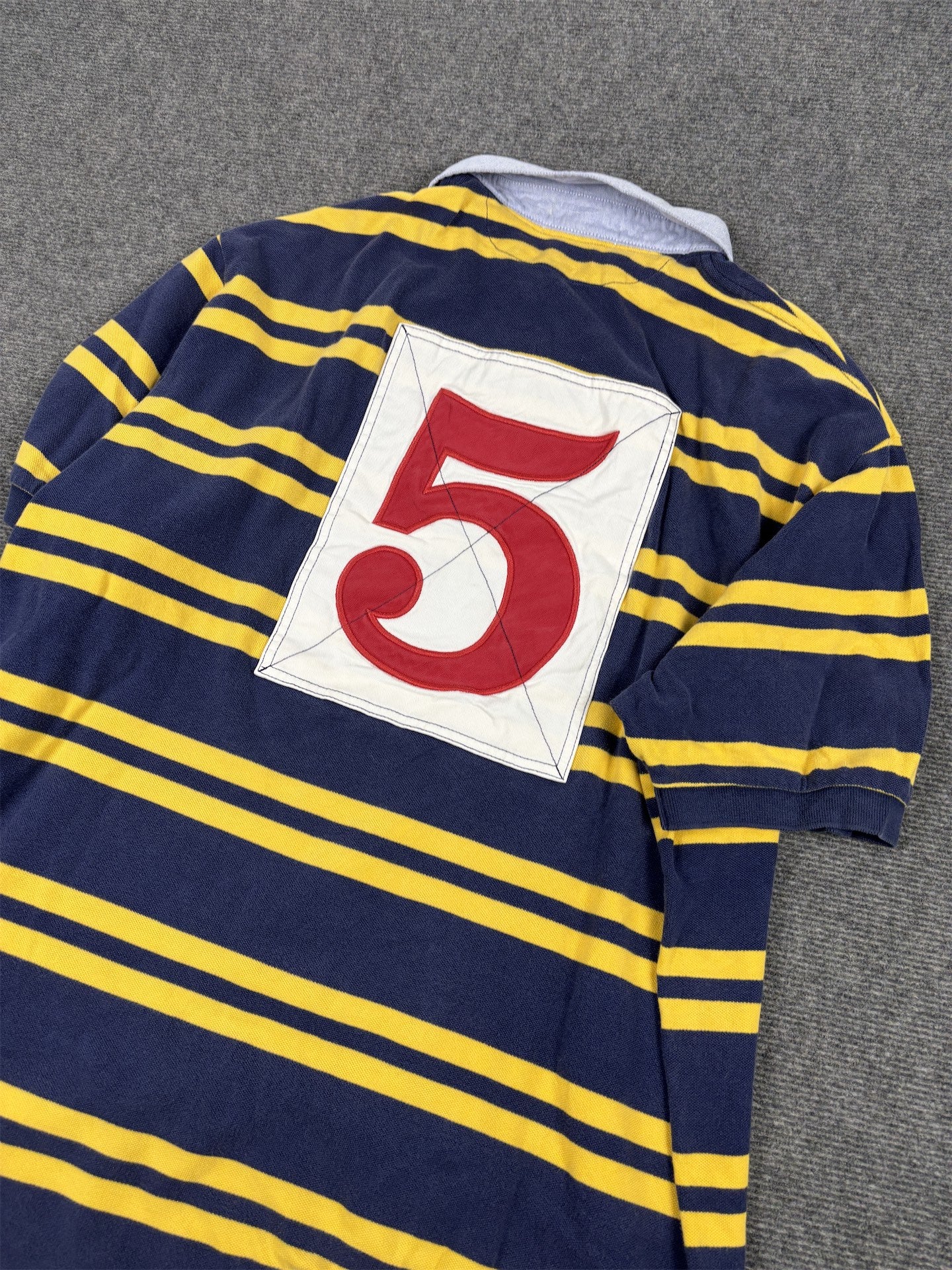 Vintage Men's 90's Ralph Lauren Polo XXL Blue Yellow Striped Badge Logo Shirt Collared