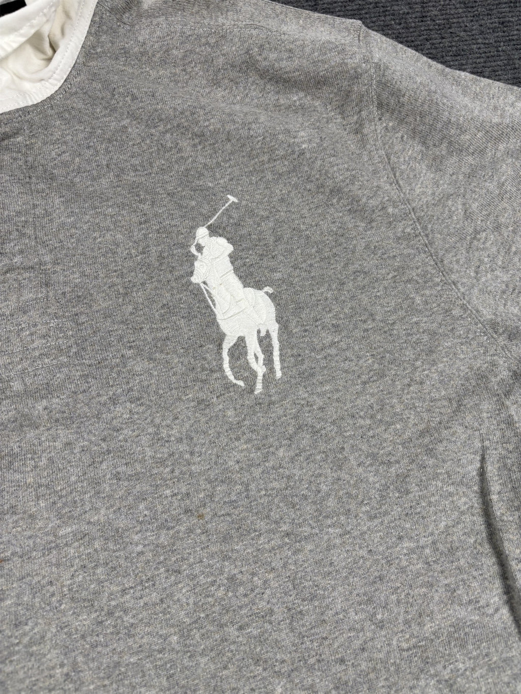 Vintage Men's 90's Ralph Lauren Rugby Polo XXL Grey White Large Pony Number Jersey Collared