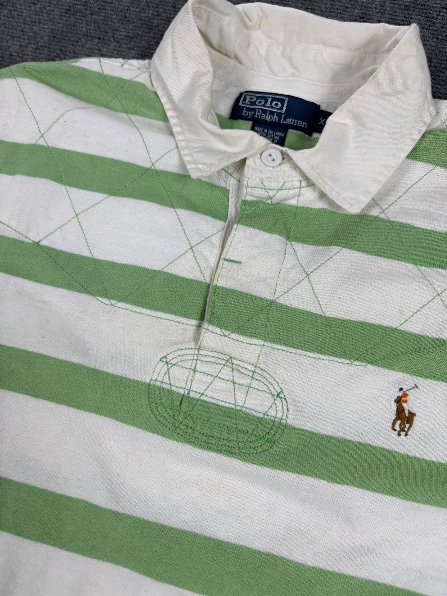 Vintage Men's 90's Ralph Lauren Polo XL Green White Stripe Small Colour Pony Shirt