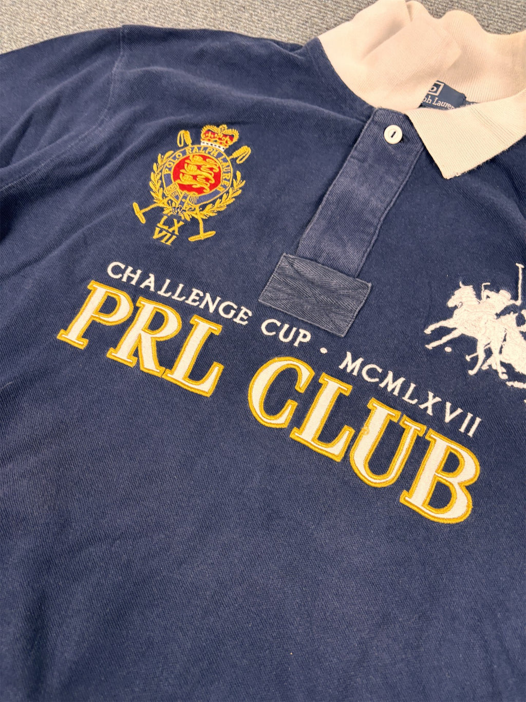 Vintage Men's 90's Ralph Lauren Polo XL Navy PLR Cup 4 Pony Logo + Badge Shirt Collared