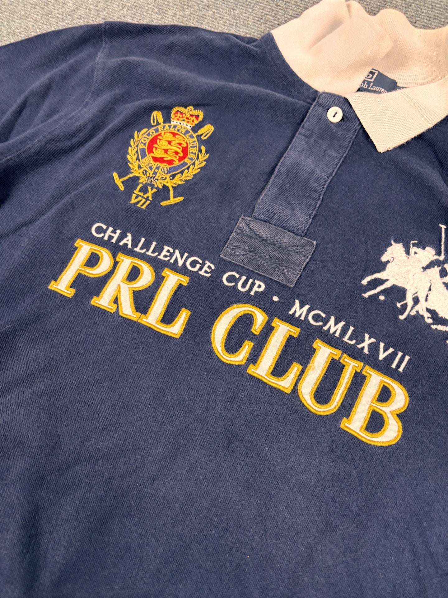 Vintage Men's 90's Ralph Lauren Polo XL Navy PLR Cup 4 Pony Logo + Badge Shirt Collared