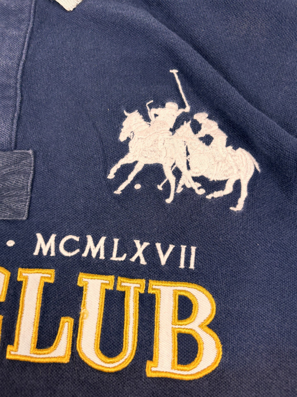 Vintage Men's 90's Ralph Lauren Polo XL Navy PLR Cup 4 Pony Logo + Badge Shirt Collared