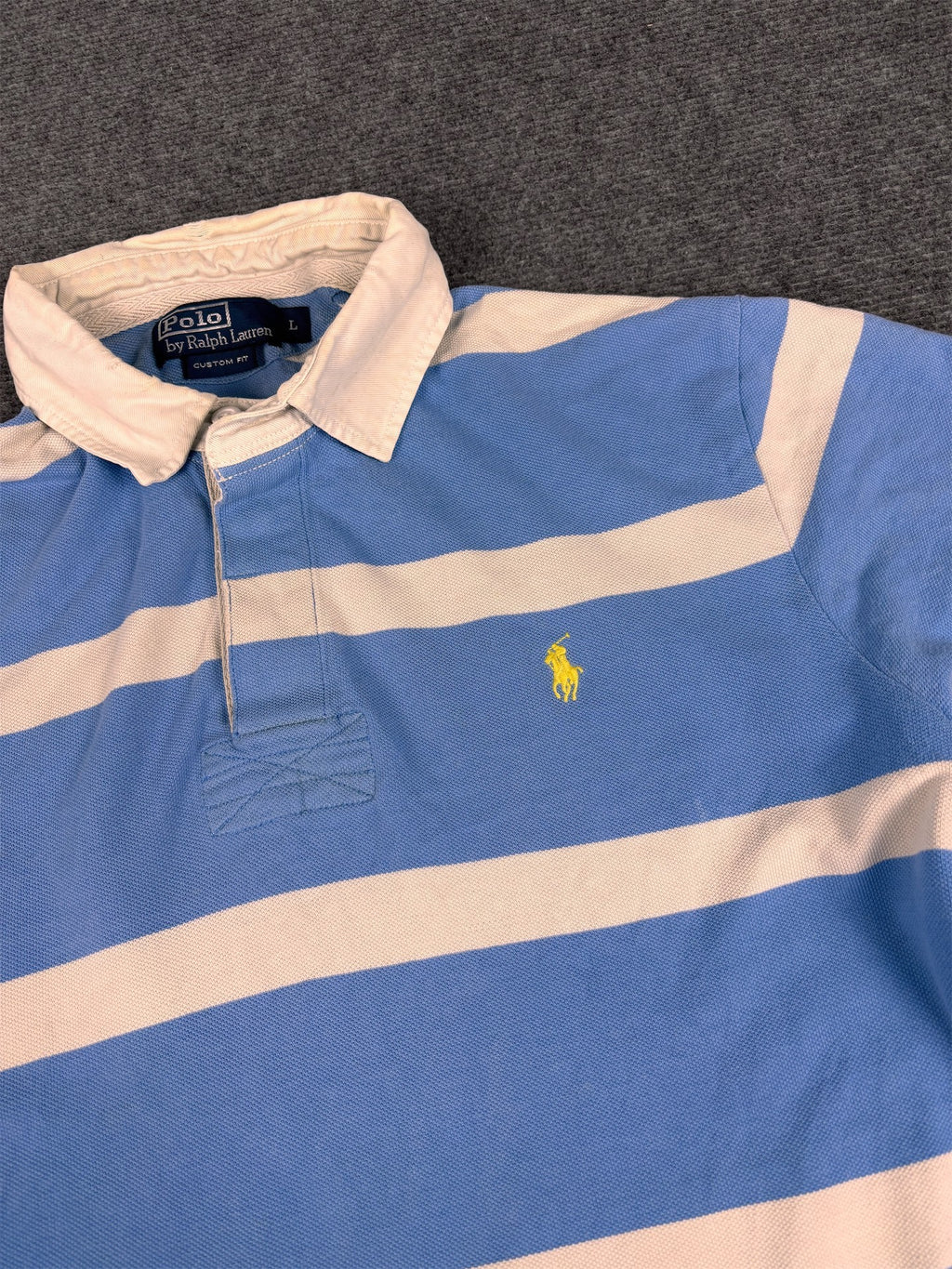 Vintage 90's Ralph Lauren Polo Men's L Baby Blue White Stripe Small Yellow Small Pony