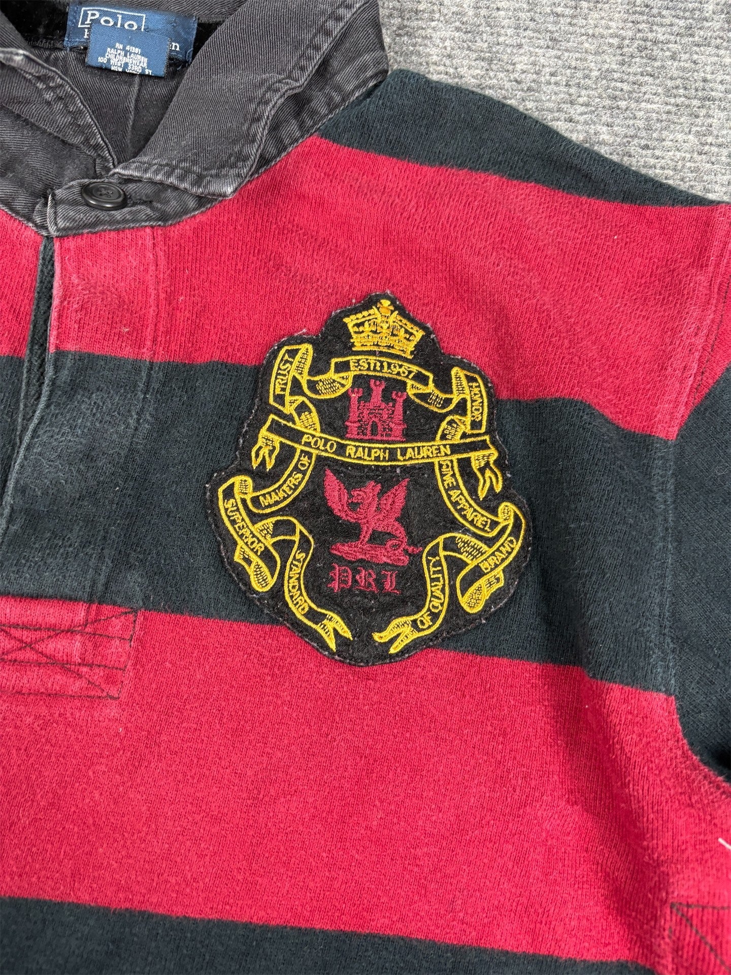 Vintage 90's Ralph Lauren Rugby Polo Women's S Black Red Stripe Badge Logos Jersey