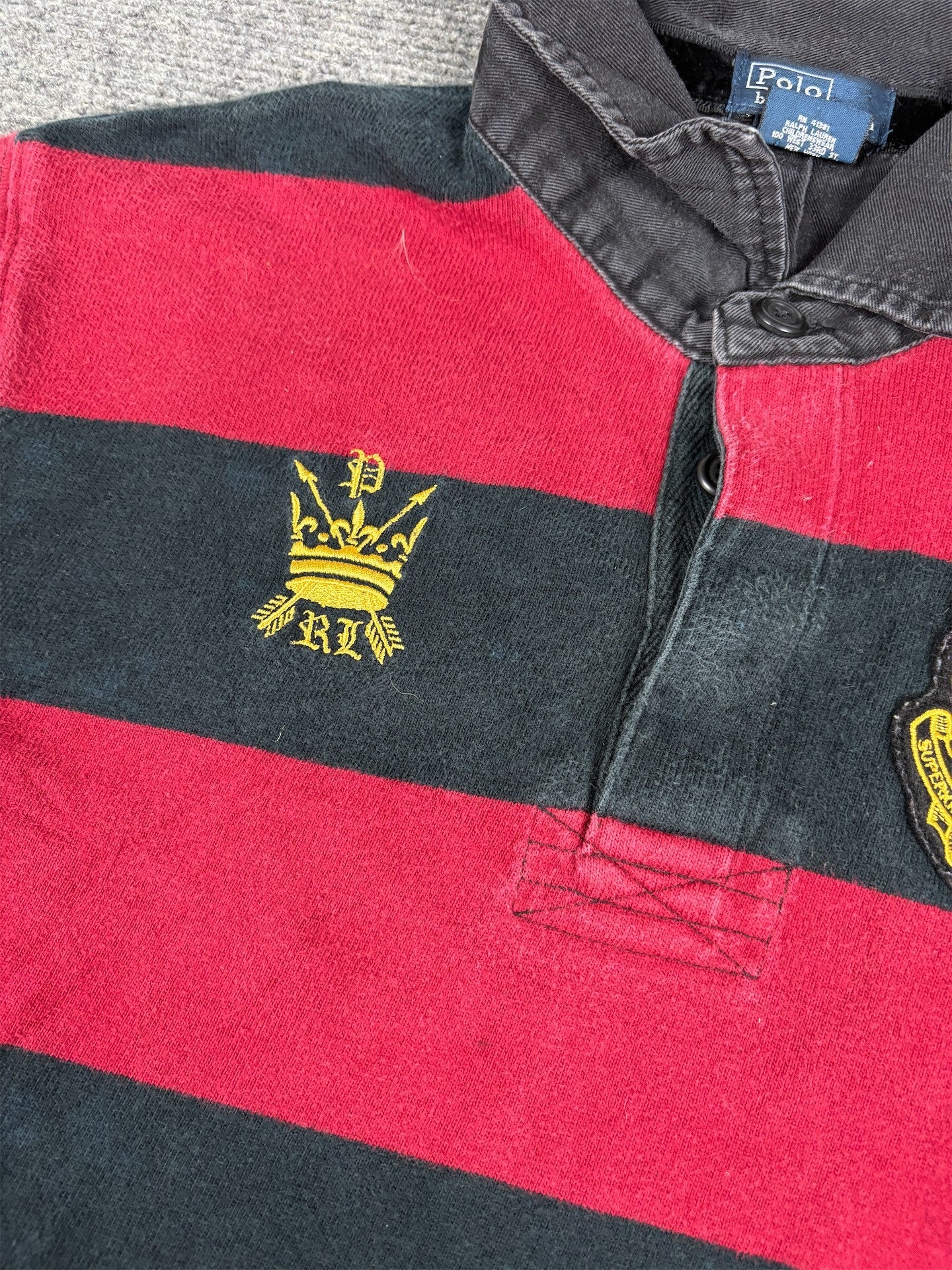 Vintage 90's Ralph Lauren Rugby Polo Women's S Black Red Stripe Badge Logos Jersey
